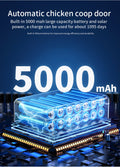 5000 mAh battery with text about an automatic chicken coop door on a blue background
