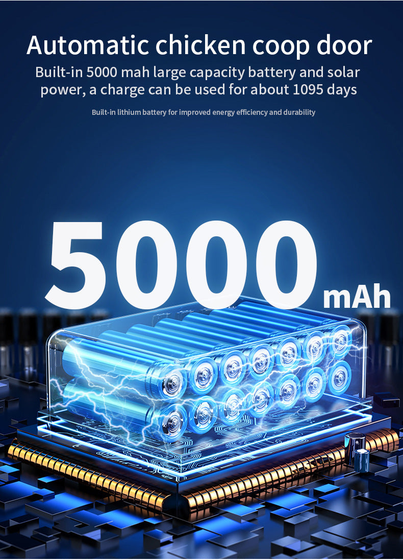 5000 mAh battery with text about an automatic chicken coop door on a blue background
