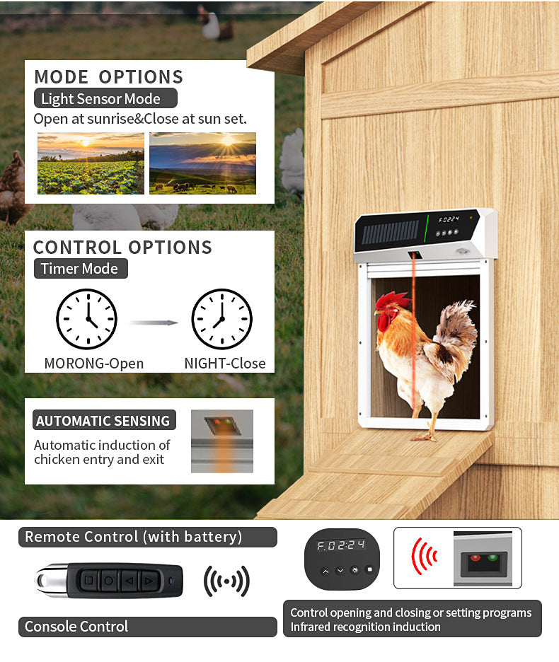 Light-sensor coop door with timer and app control on timber henhouse