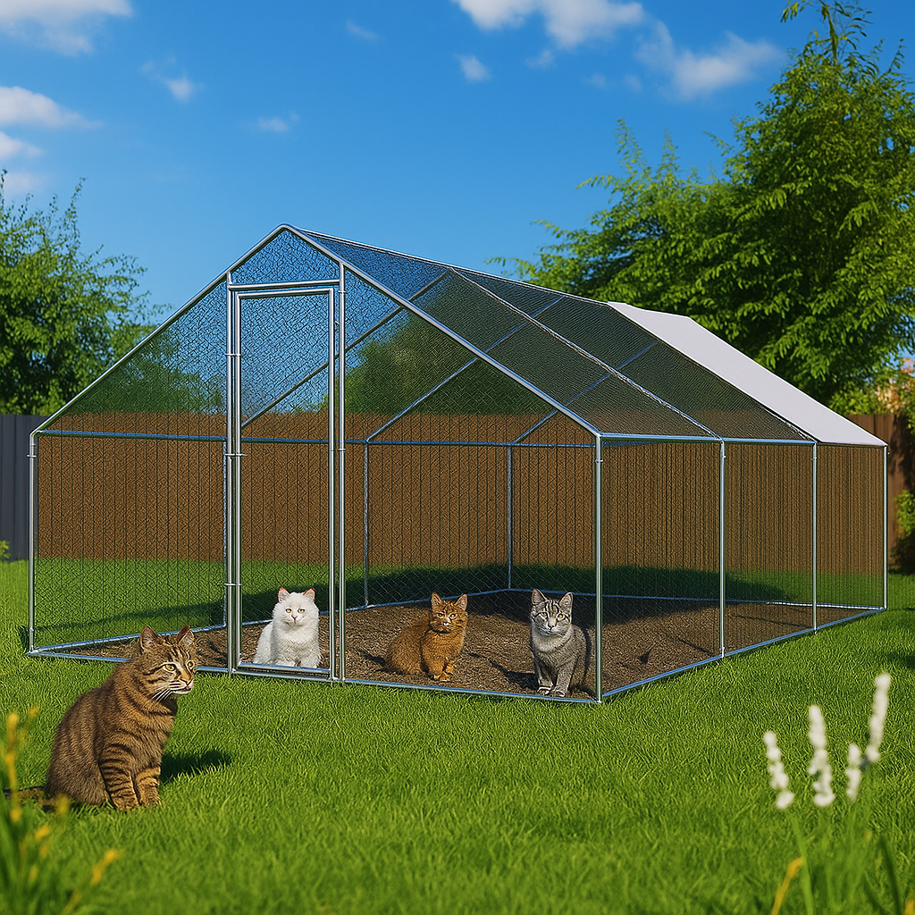 Large outdoor cat enclosure with four cats inside, set against a blue sky and green trees.