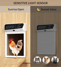 Solar-powered pet door with sensitive light sensor for pets like rooster, wolf, fox, and raccoon.