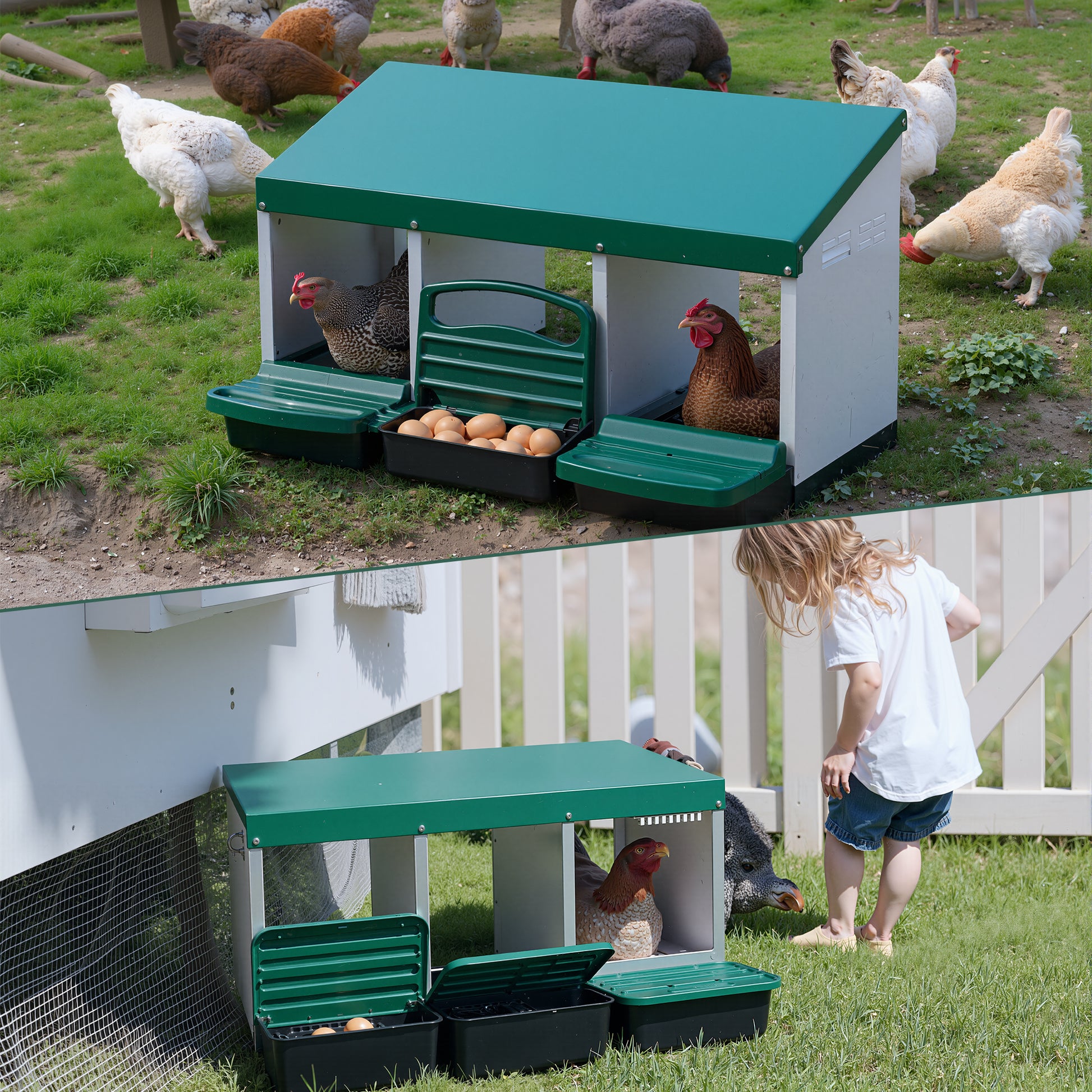 chicken laying nest box with chickens and eggs