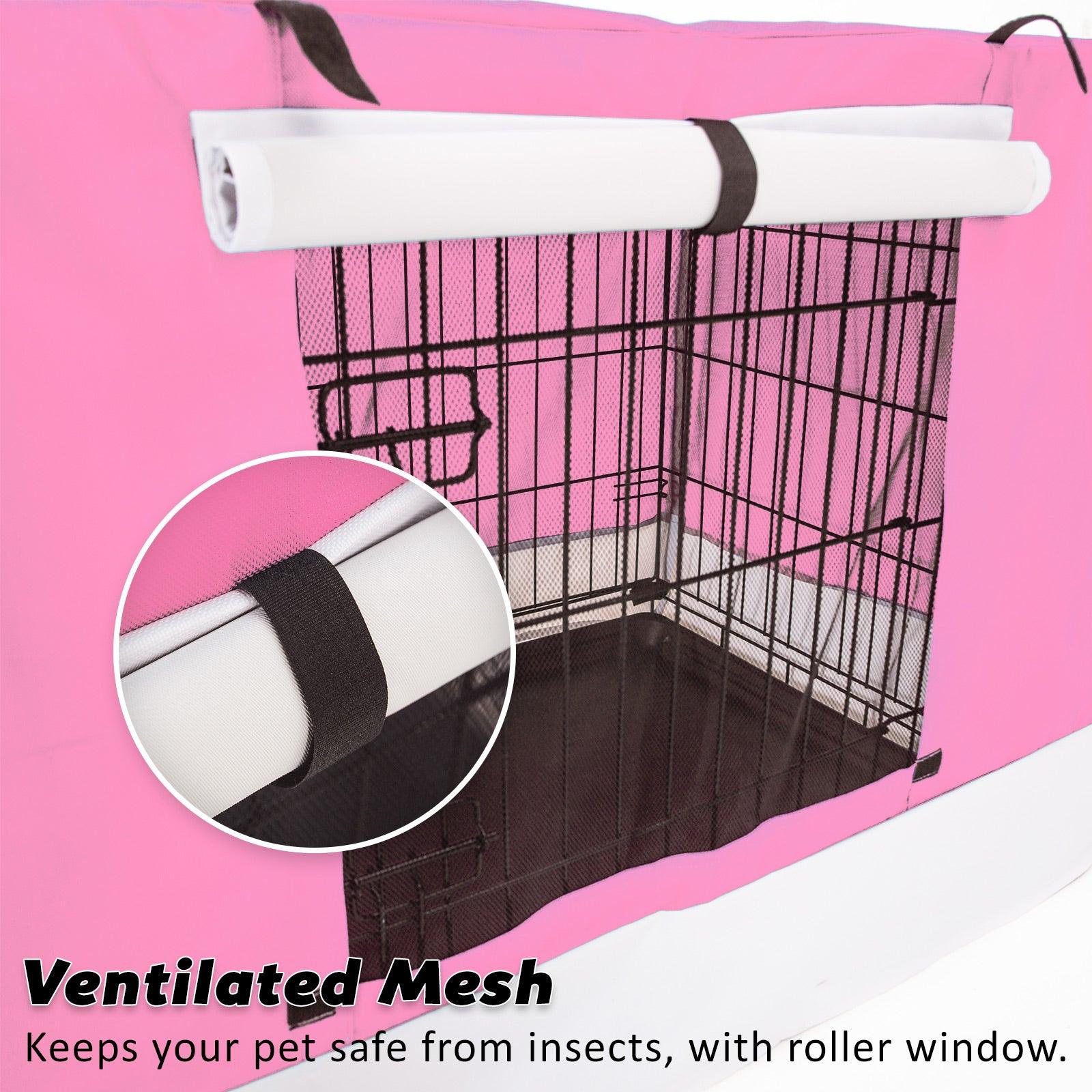 Wire Dog Cage Crate 24in with Tray + Cushion Mat + PINK Cover Combo - Pets Gear