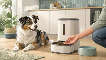 Dog beside an automatic dry-food feeder while an owner checks a measured portion in an Australian kitchen