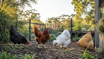 Editorial illustration of a varied backyard chicken flock in a secure Australian run