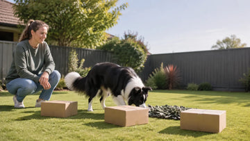 Editorial illustration of a Border Collie doing a supervised scent-search game in an Australian backyard