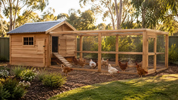 Timber chicken coop and enclosed run with hens in an Australian backyard