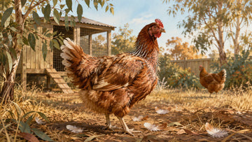 Illustration of a healthy moulting hen with new pin feathers in an Australian autumn run