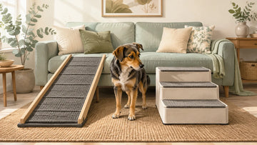 Illustration of a dog choosing between a ramp and dog stairs beside a sofa