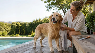 Editorial illustration of a Golden Retriever being towel-dried after swimming in a backyard pool