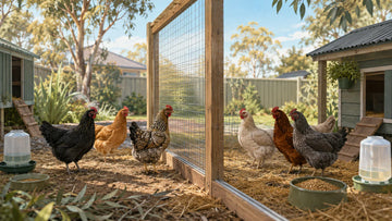 Illustration of two calm groups of hens meeting through a secure mesh divider