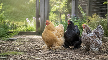 Editorial illustration of buff, black and mottled Pekin Bantam chickens in a backyard run