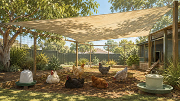 Illustration of hens resting under shade cloth in a ventilated Australian chicken run