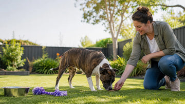 Editorial illustration of a Staffy doing a supervised scent-search activity in an Australian backyard