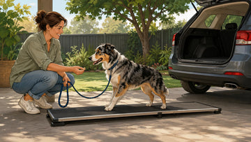 Illustration of reward-based dog ramp training beside a parked car