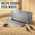 Closed chicken feeder with anti-slip treadle helps reduce feed waste