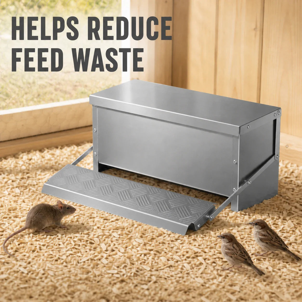 Closed chicken feeder with anti-slip treadle helps reduce feed waste