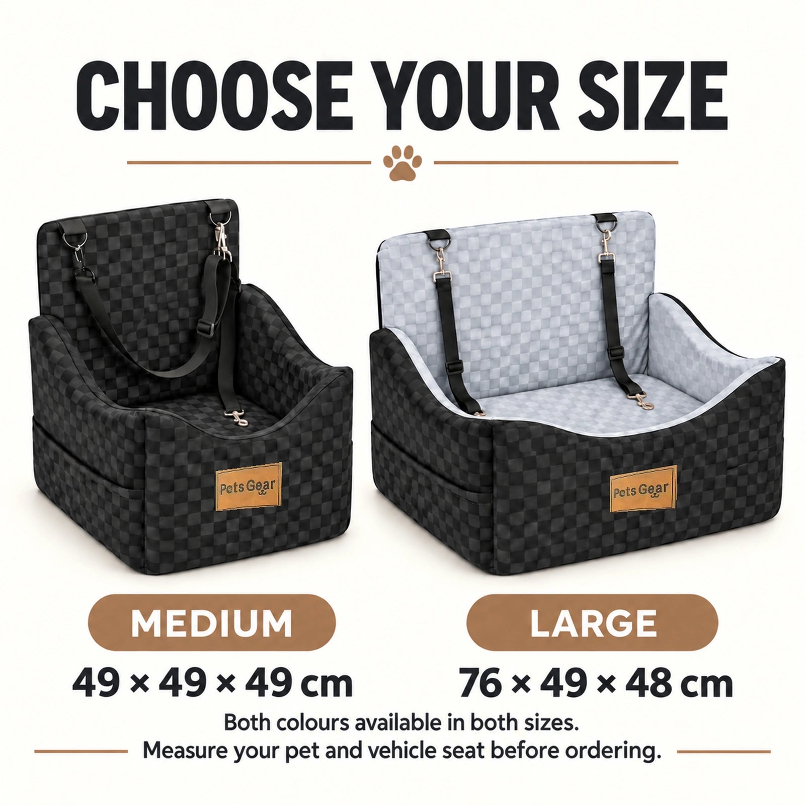 Size guide for Pets Gear dog car booster seats in Medium and Large