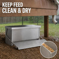 Covered chicken feeder with patterned steel treadle helps keep feed dry