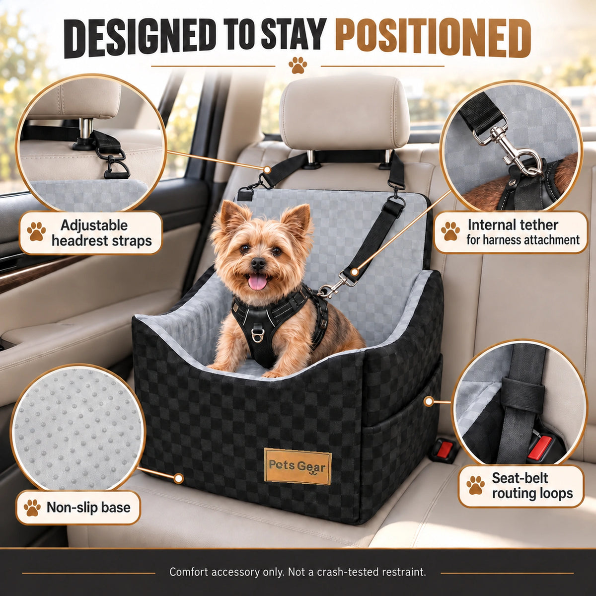 Pets Gear dog car seat showing headrest straps, tether and seat-belt loops