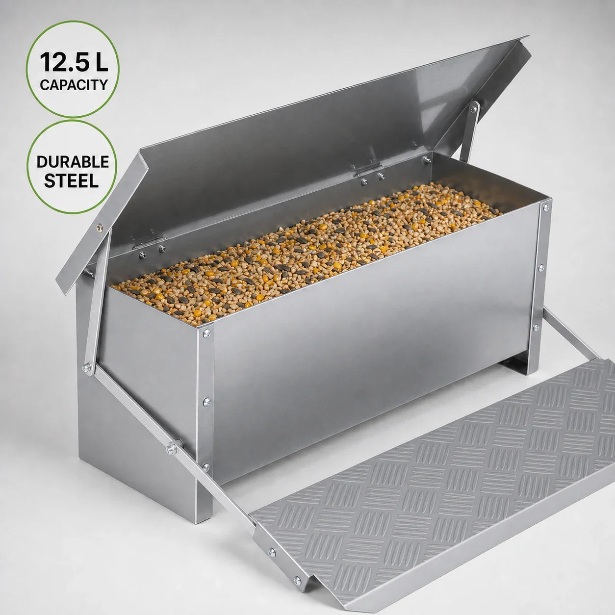 12.5L steel chicken feeder with embossed anti-slip treadle and grain