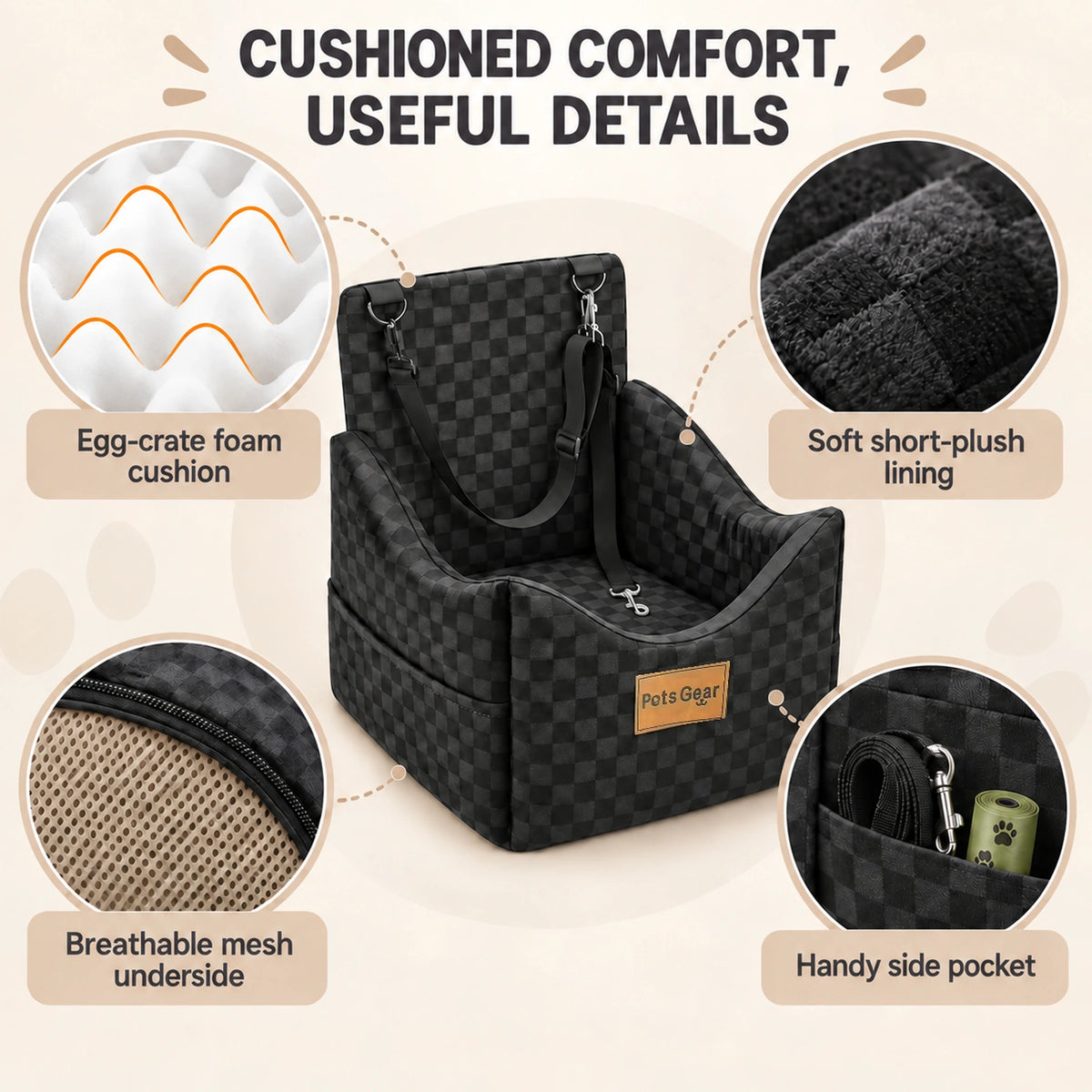 Egg-crate foam, plush lining and side pocket details of Pets Gear dog car seat