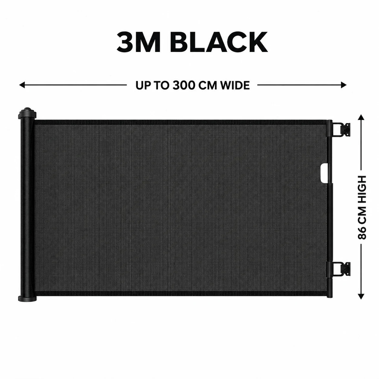 3m black retractable pet gate dimensions 300cm wide and 86cm high