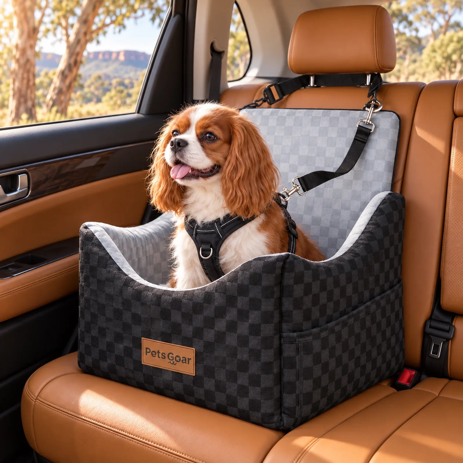 Small dog relaxing in a Pets Gear booster seat on a rear car seat