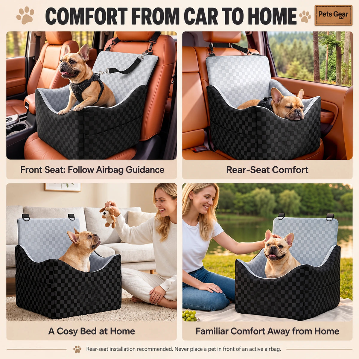 Pets Gear dog car booster seat shown in car, home and away-from-home settings