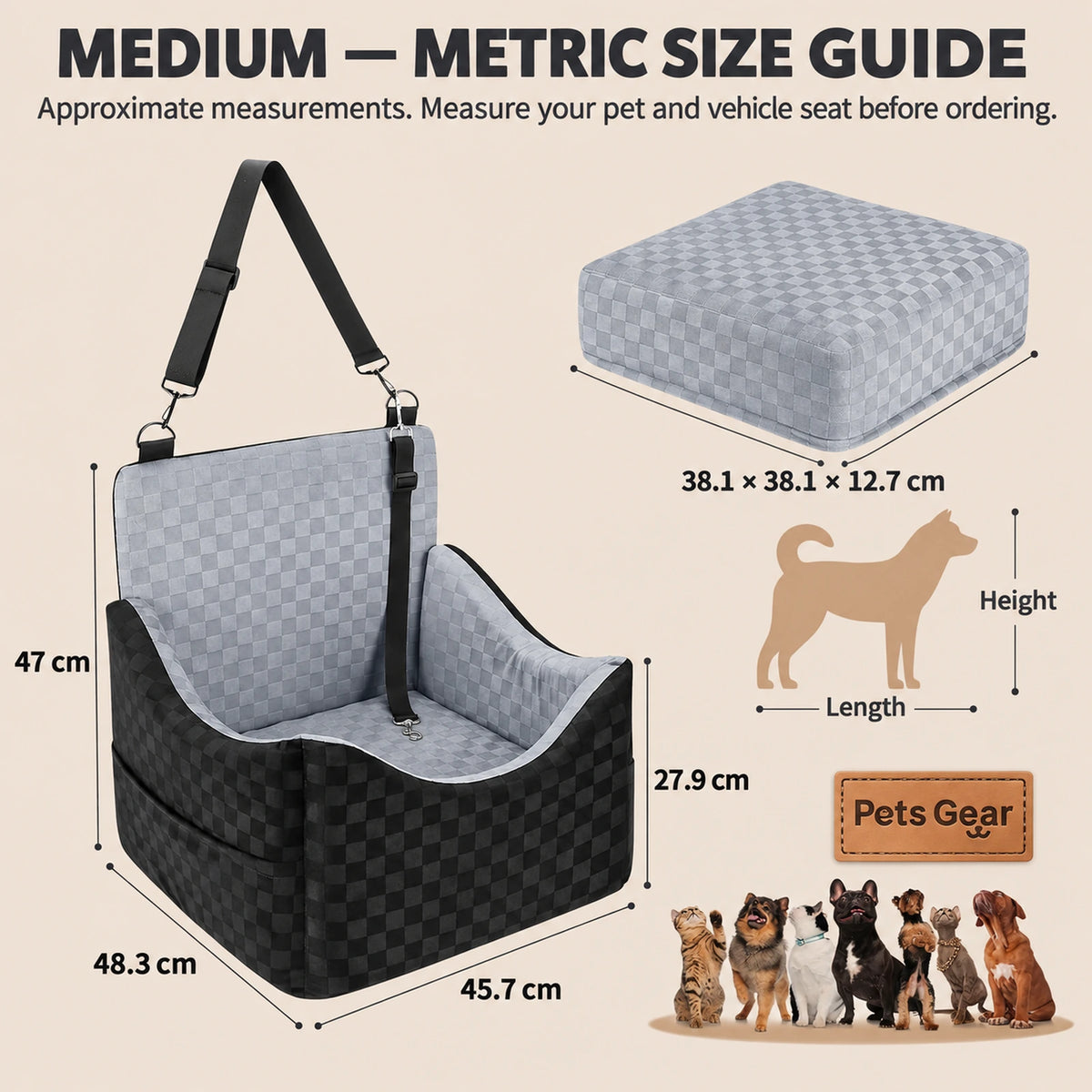 Metric size details for the Medium Pets Gear JourneyLift dog car booster seat
