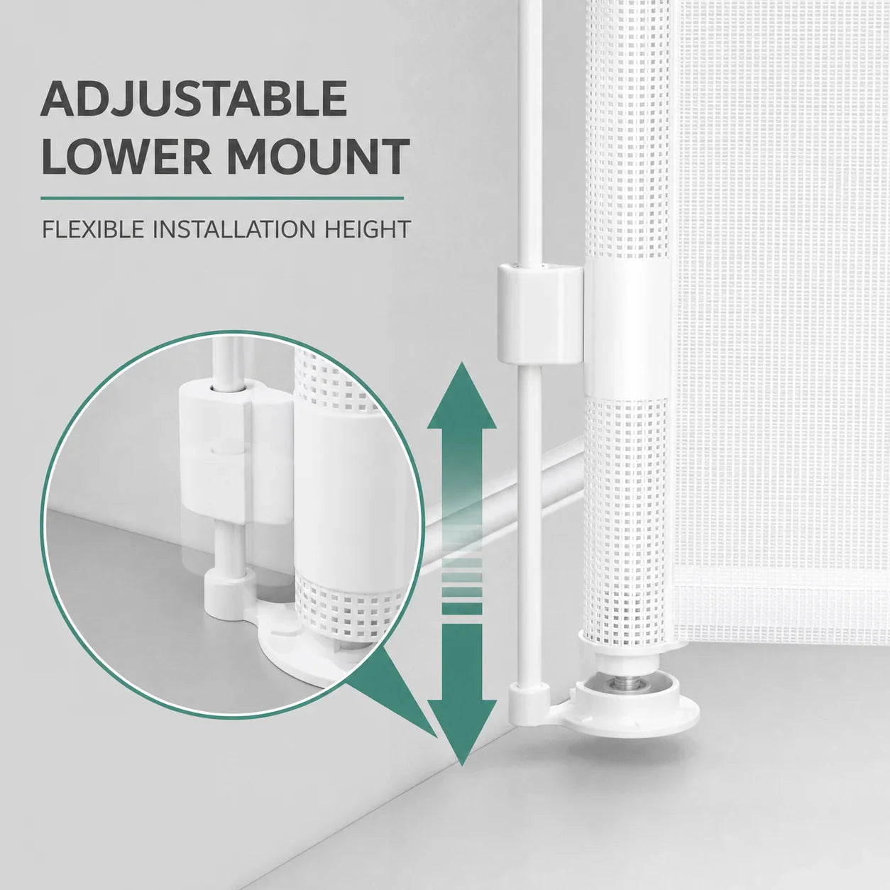 Adjustable lower mount height on white retractable mesh pet gate