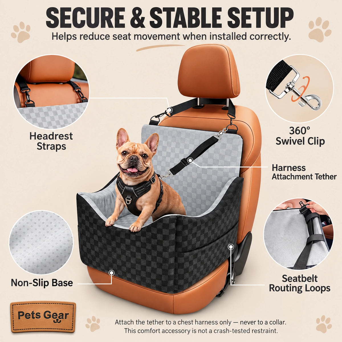 Pets Gear dog car seat showing headrest straps, harness tether, seatbelt loops and non-slip base