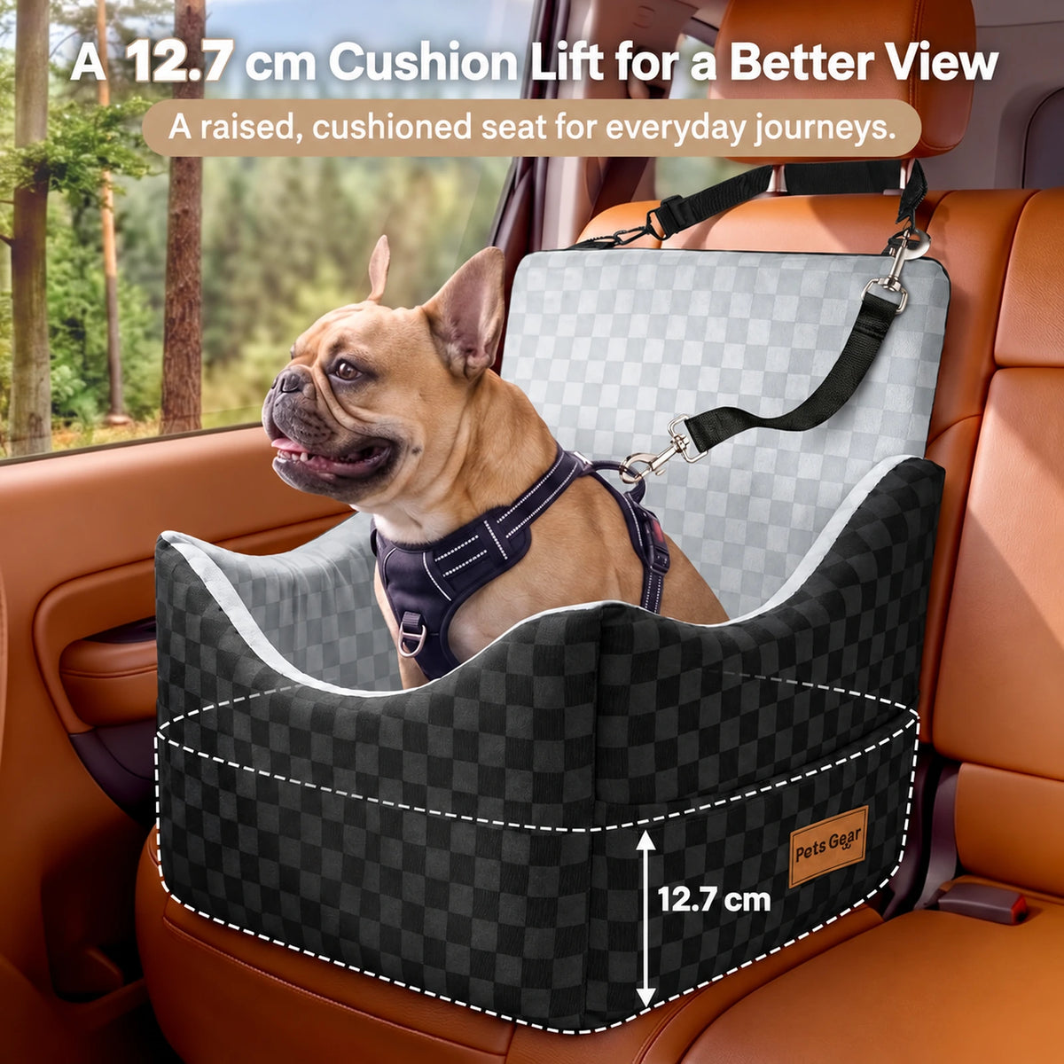 Small dog in a Pets Gear raised car booster seat with a 12.7 cm cushion lift