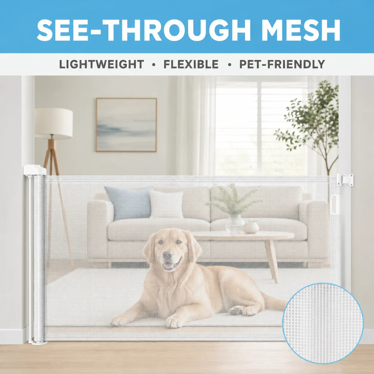 See-through white mesh pet gate with woven material close-up