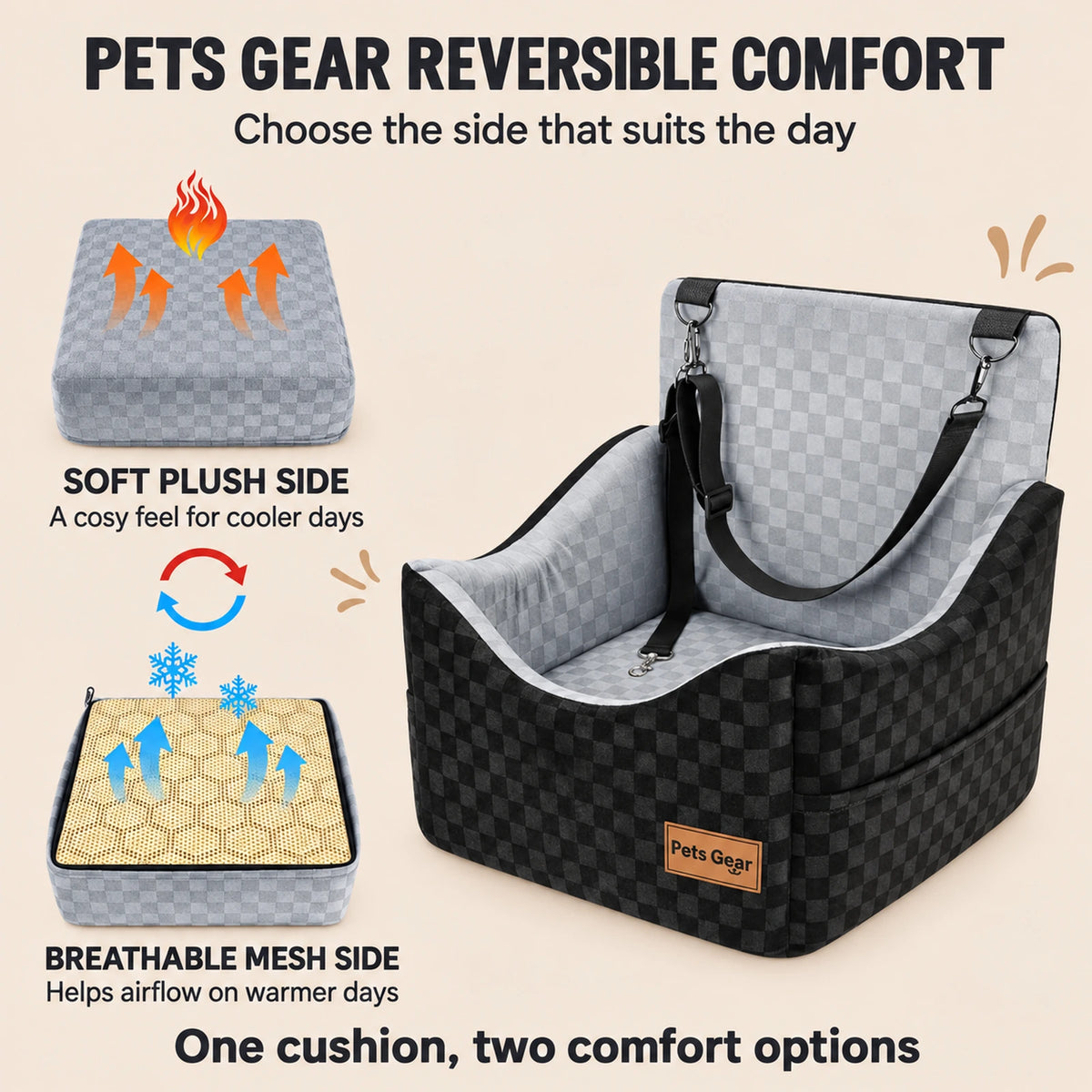 Pets Gear JourneyLift dog car booster seat showing plush and breathable cushion surfaces