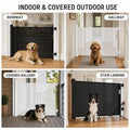 Black and white retractable pet gates for indoor and covered outdoor spaces