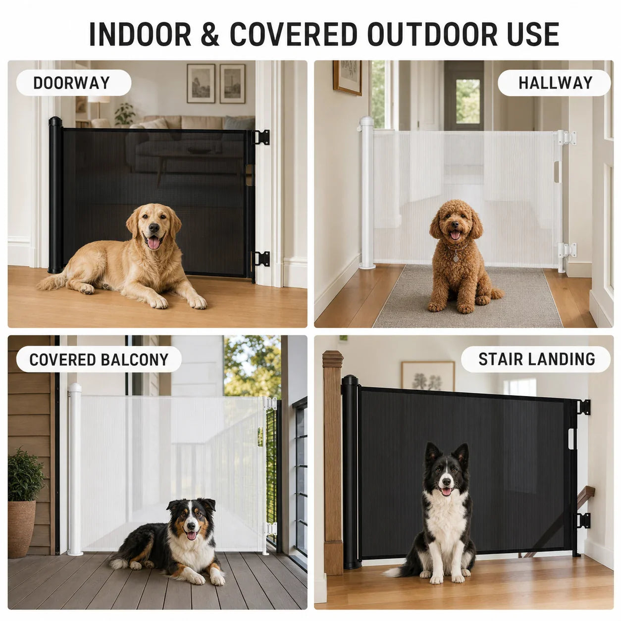Black and white retractable pet gates for indoor and covered outdoor spaces