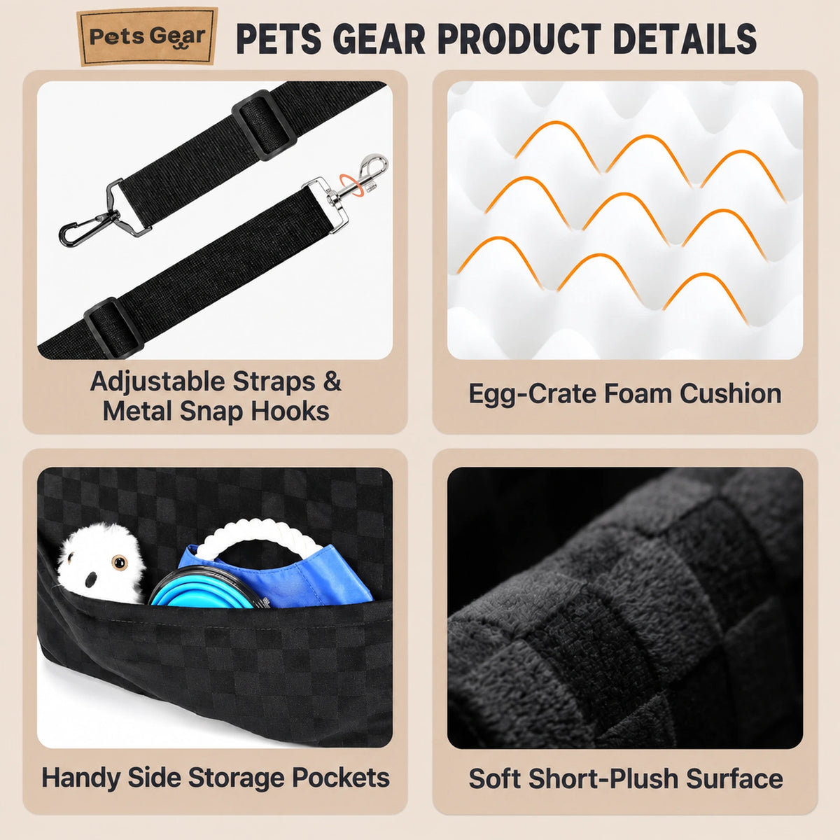 Pets Gear JourneyLift details including straps, egg-crate foam, side pockets and plush fabric