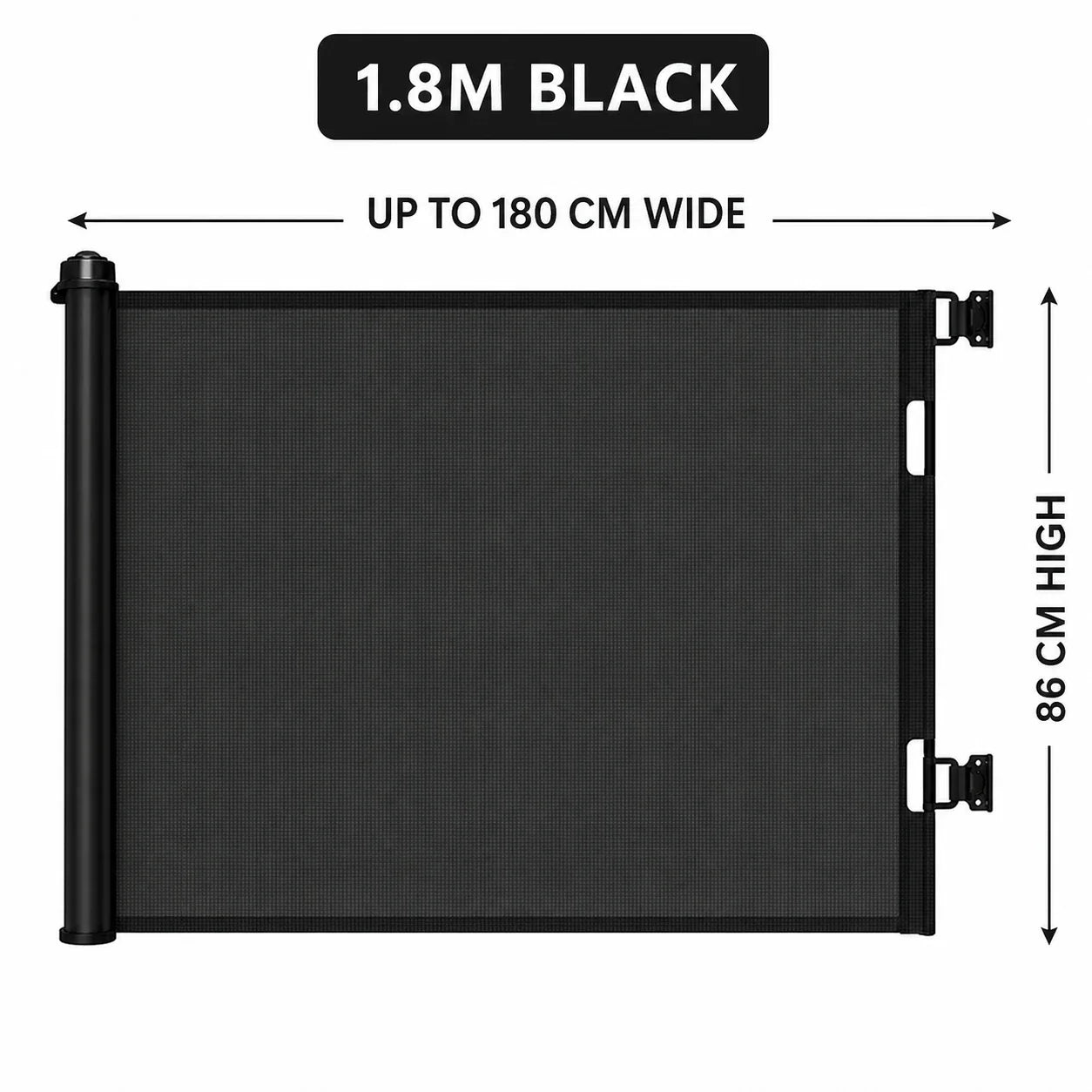 1.8m black retractable pet gate dimensions 180cm wide and 86cm high