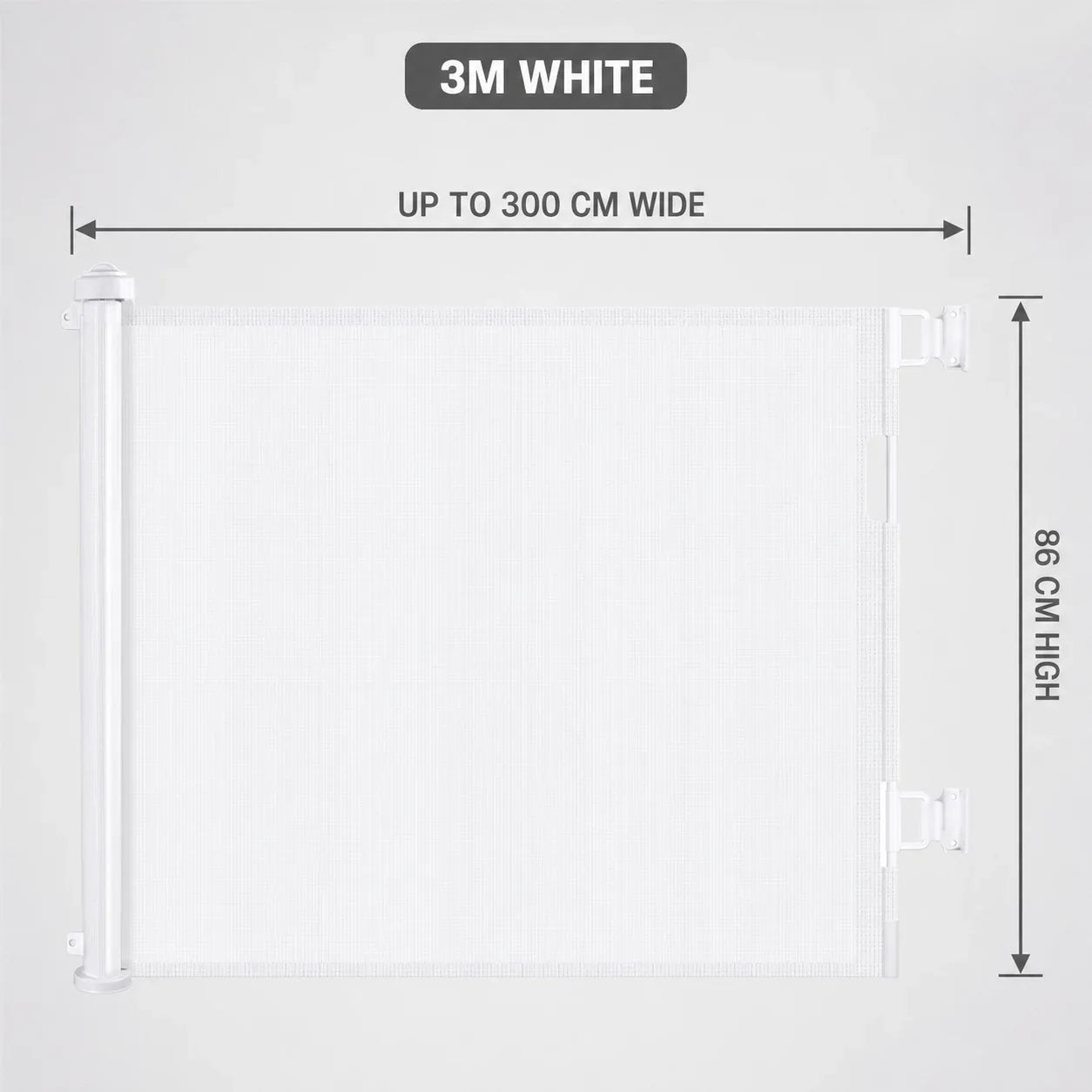 3m white retractable pet gate dimensions 300cm wide and 86cm high