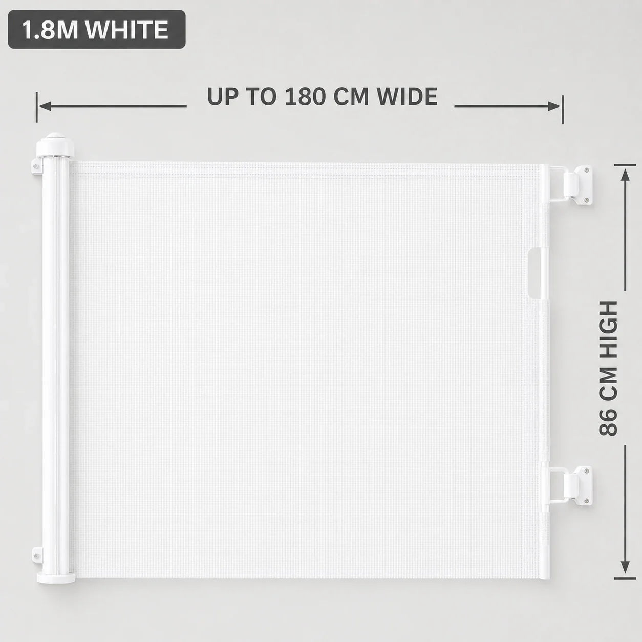 1.8m white retractable pet gate dimensions 180cm wide and 86cm high