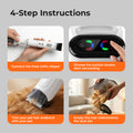 4-step instructions for using a pet grooming kit with images and text on a gray background.