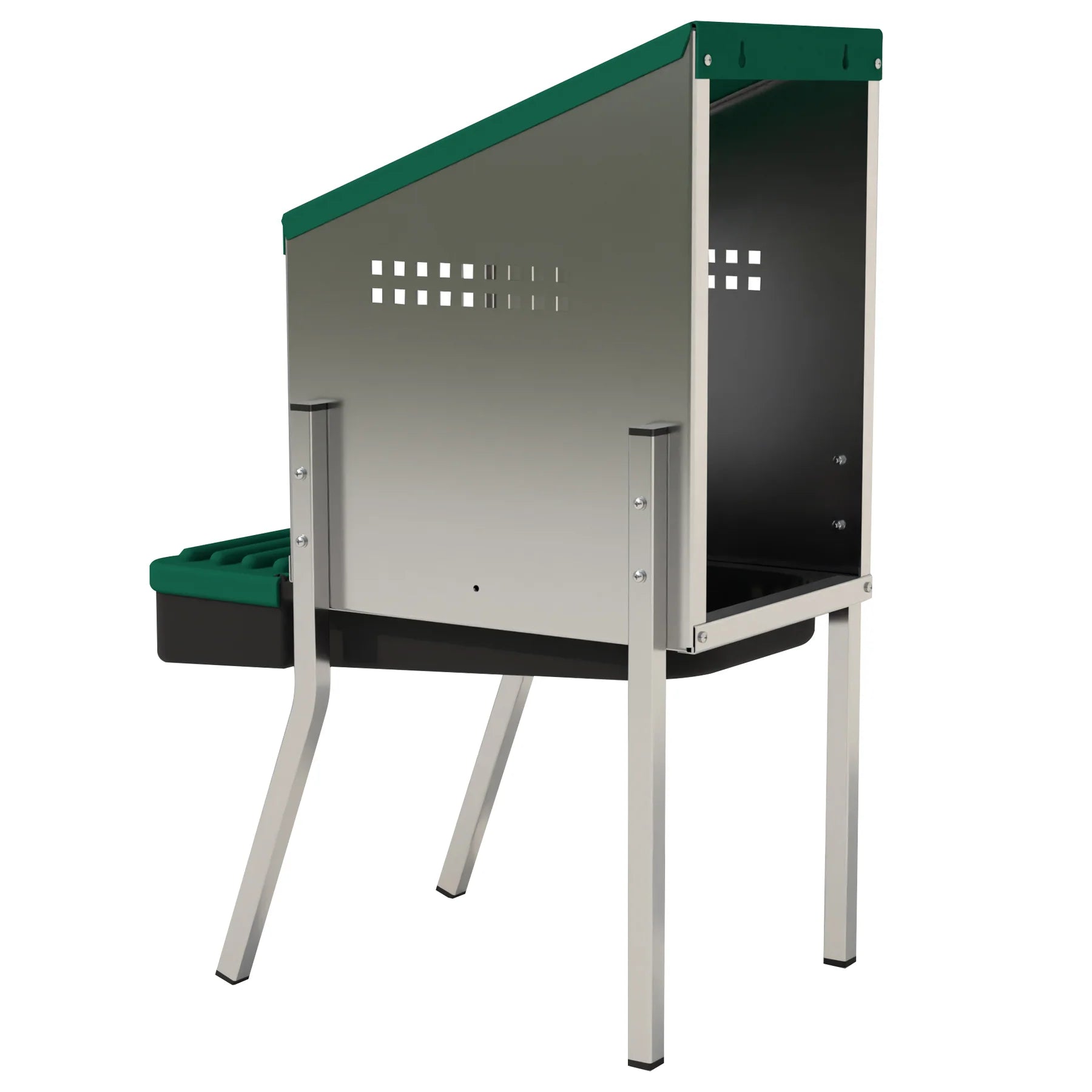 Back view showing ventilation holes on galvanised steel hen nesting box for cleaner, drier laying area