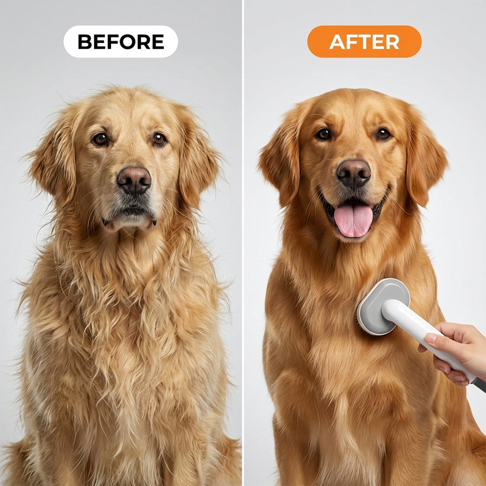 Before and after comparison of a dog being groomed with a brush.