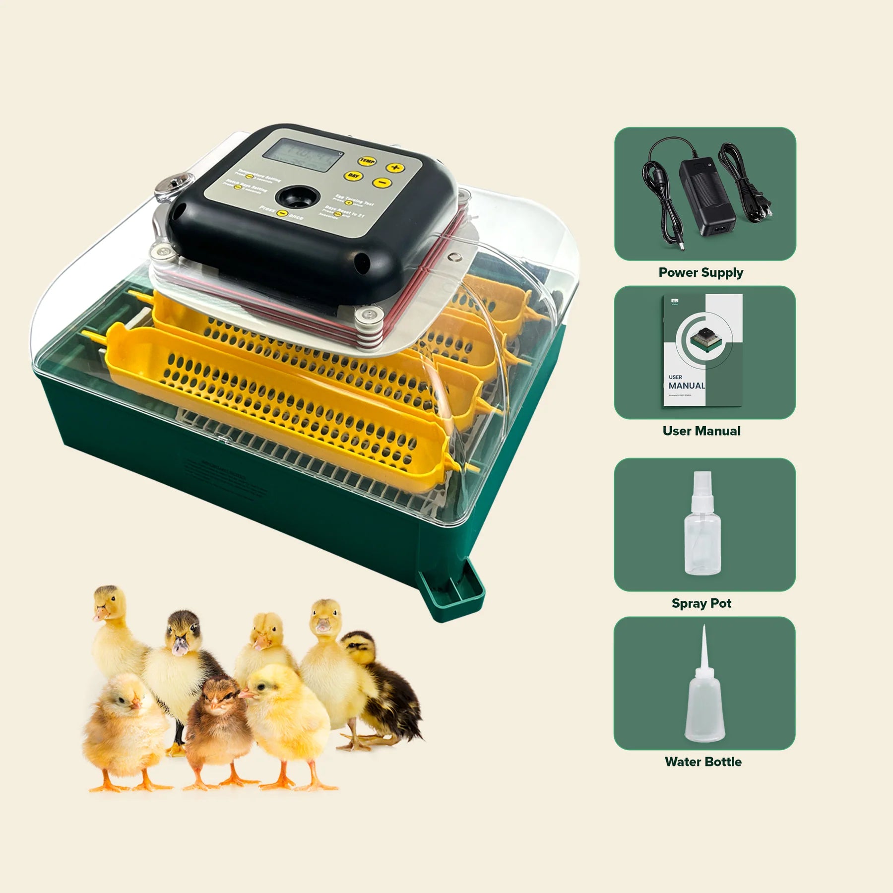 Chicken incubator with chicks, power supply, user manual, spray pot, and water bottle on a beige background