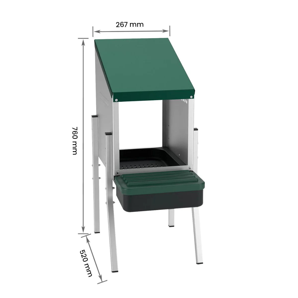 Chicken nest box dimensions 760h × 520d × 267w mm—single compartment rollaway design with lid
