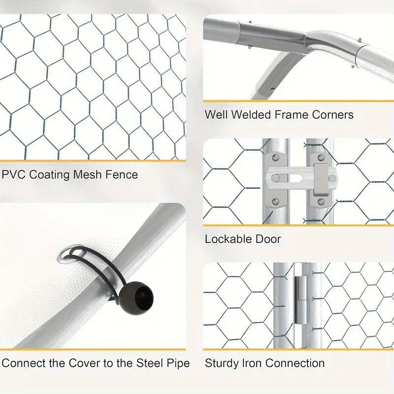 Close-up of PVC-coated hex mesh and lockable door on chicken enclosure