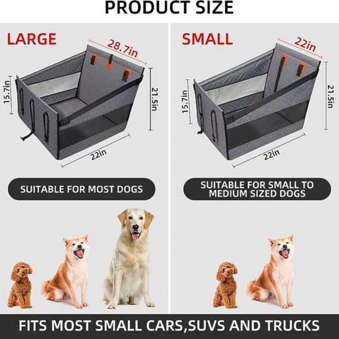 Comparison of large and small pet carriers with dimensions and dog illustrations.