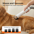 Dog being groomed with a vacuum cleaner and text indicating it meets different hair length shape needs.