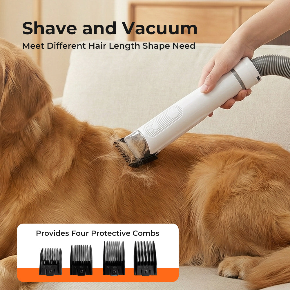 Dog being groomed with a vacuum cleaner and text indicating it meets different hair length shape needs.